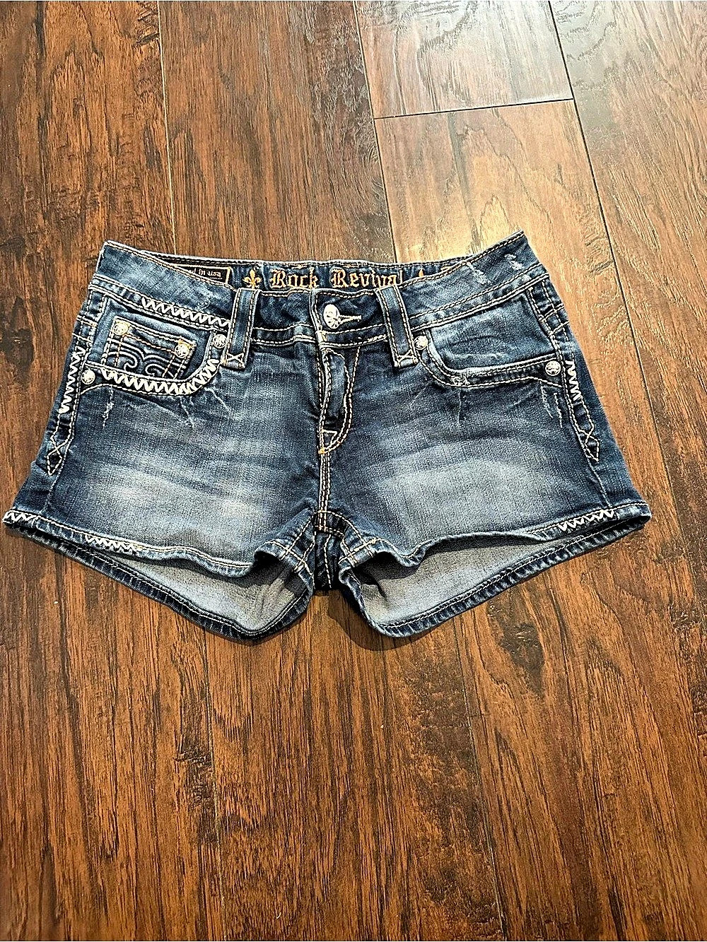 Rock Revival Jen Denim Shorts Embellished Blue Waist 28